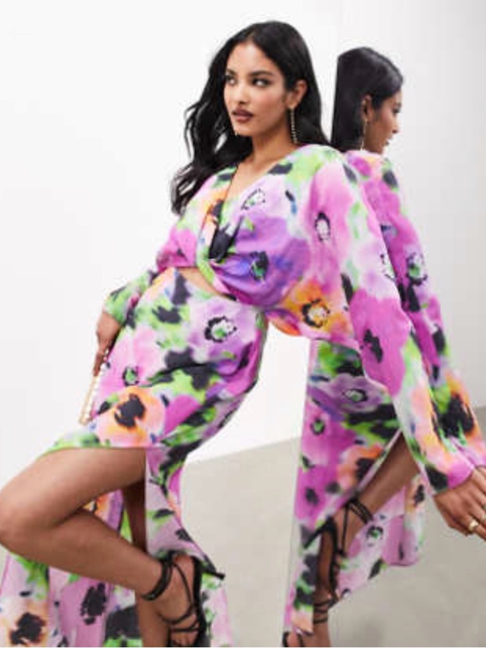 ASOS Pink Floral Long Sleeve Cutout Midaxi Twist Dress in purple graphic floral